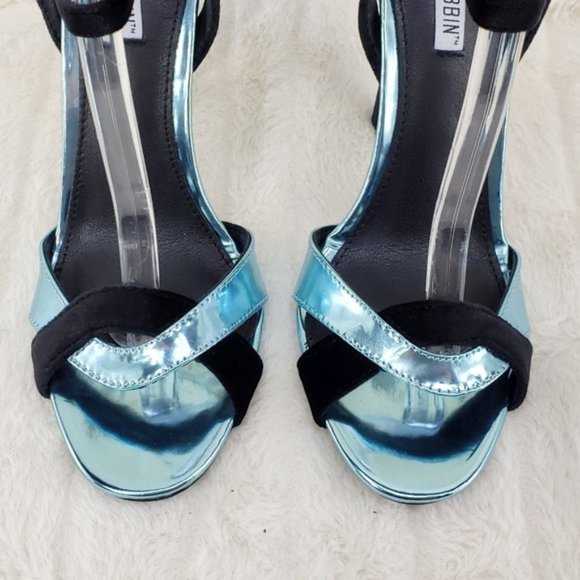 Cape Robbin Aqua & Black Velvet 4.5" High Heel Sandal Shoes - Picture 7 of 9